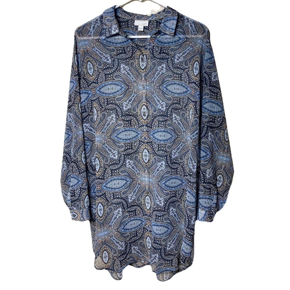 J.Jill Womens M Long Blouse Long Sleeve Semi Sheer Button Paisley Fairy